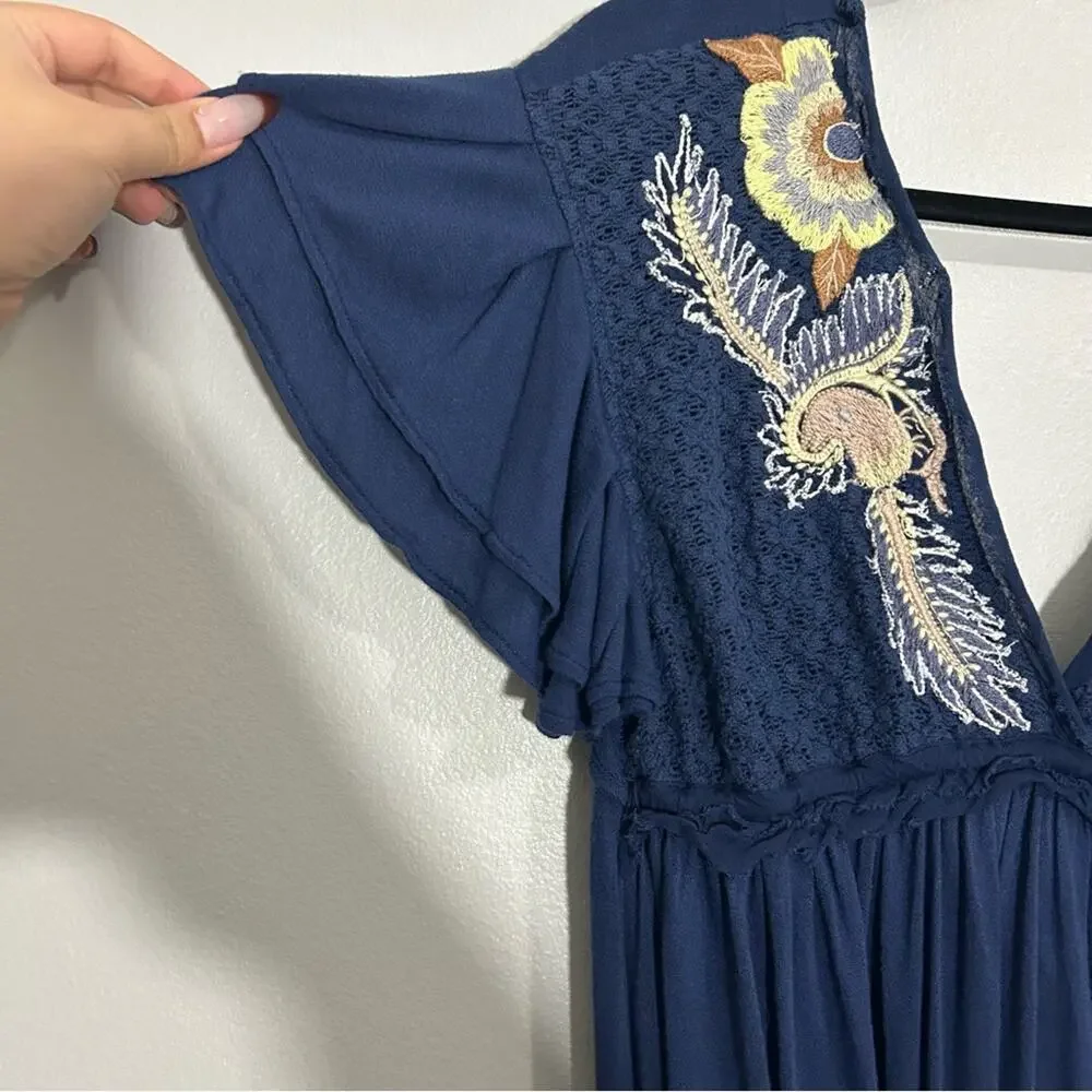 Free People Fiesta Nueva Tunic Top Embroidered Open-Back Blue Size Small